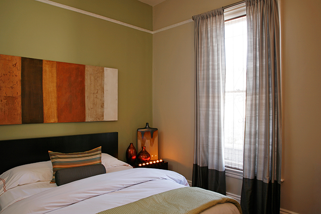 Master Bedroom, art, widnow treatment, grey, green accent, San Francisco interior design, accessories, accent lighting